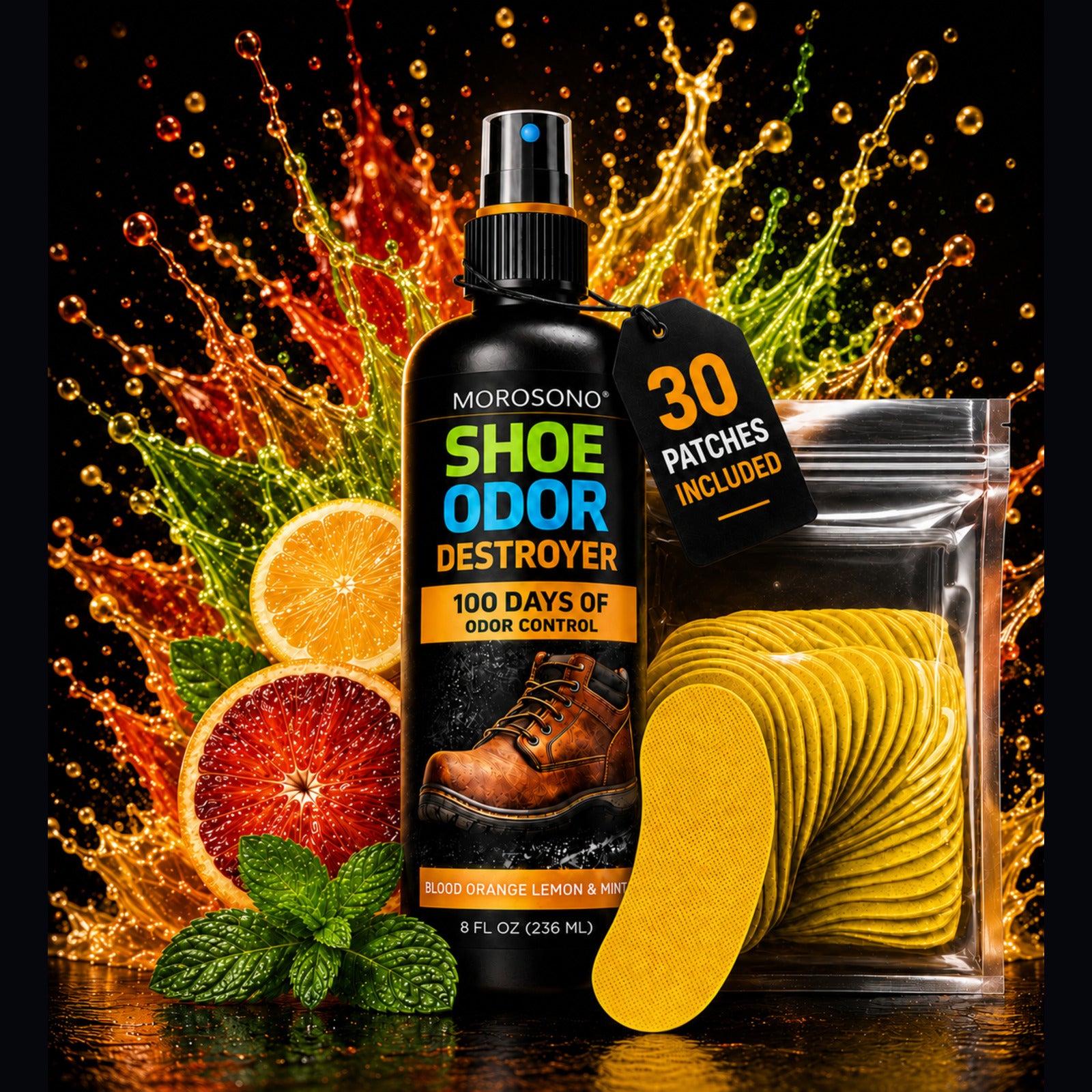 MOROSONO Shoe Odor Destroyer Kit 8 oz spray with 30 patches
