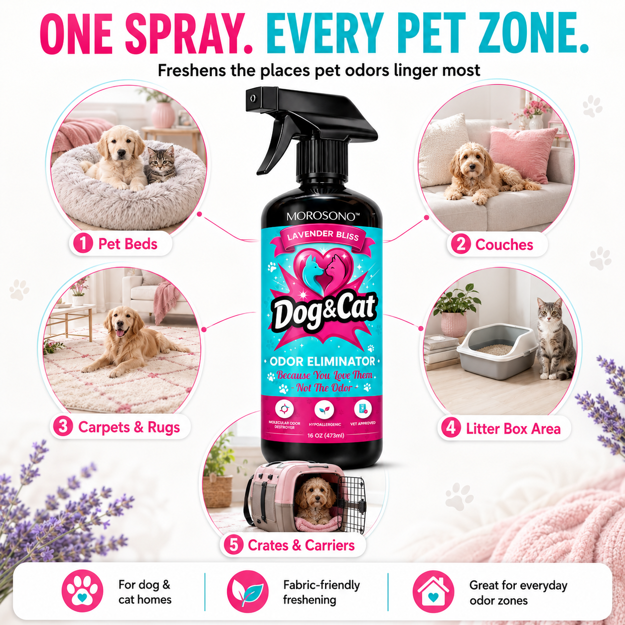 Pet Odor Eliminator Spray, Enzymatic Cleaner for Dog & Cat Urine, Carpet, Furniture & Litter Box, Lavender, 16 oz