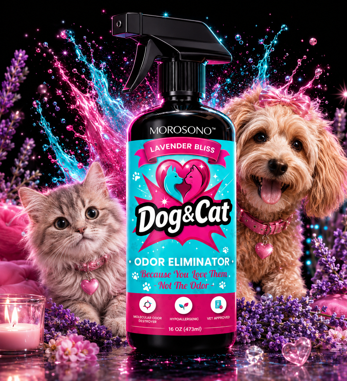 Pet Odor Eliminator Spray, Enzymatic Cleaner for Dog & Cat Urine, Carpet, Furniture & Litter Box, Lavender, 16 oz