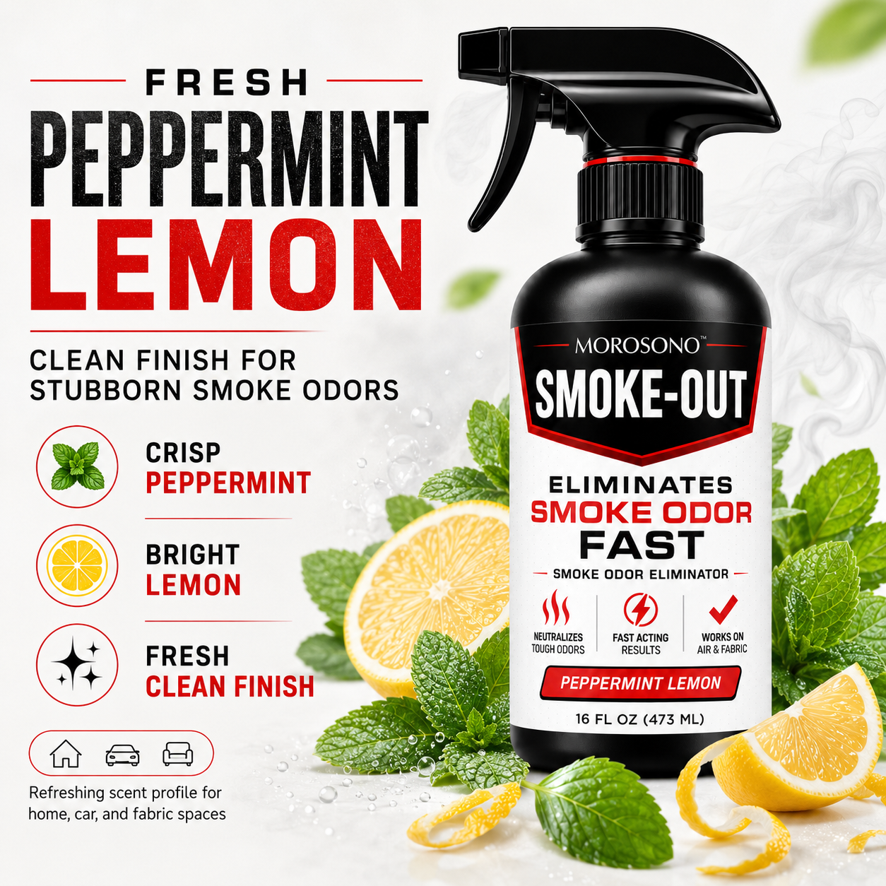 Smoke-Out Smoke Odor Eliminator Spray, 16 oz Peppermint Lemon Deodorizer for Car, Home, Clothes, Fabric, Cigarette, Cigar, Pet and Food Odors
