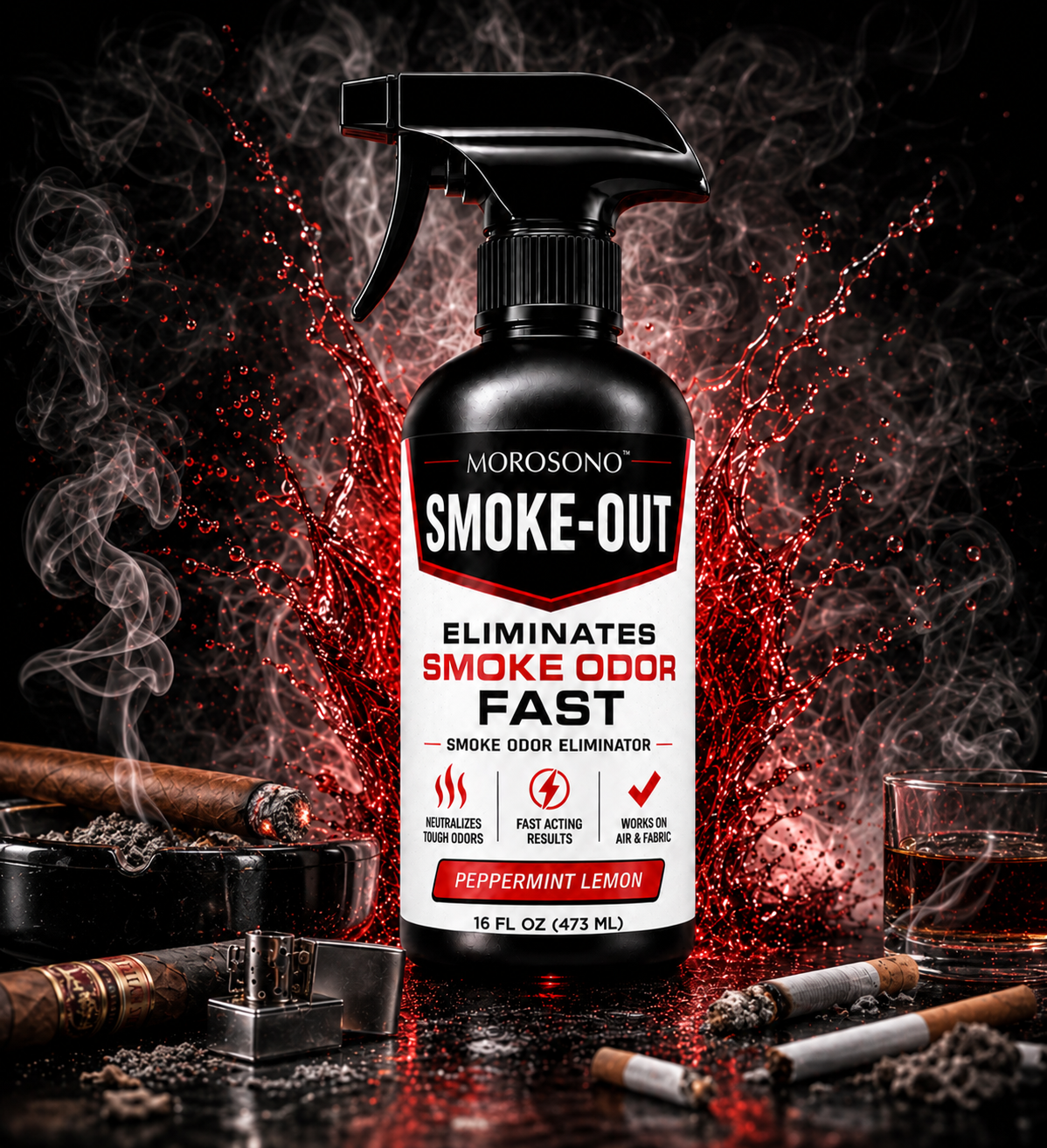 Smoke-Out Smoke Odor Eliminator Spray, 16 oz Peppermint Lemon Deodorizer for Car, Home, Clothes, Fabric, Cigarette, Cigar, Pet and Food Odors