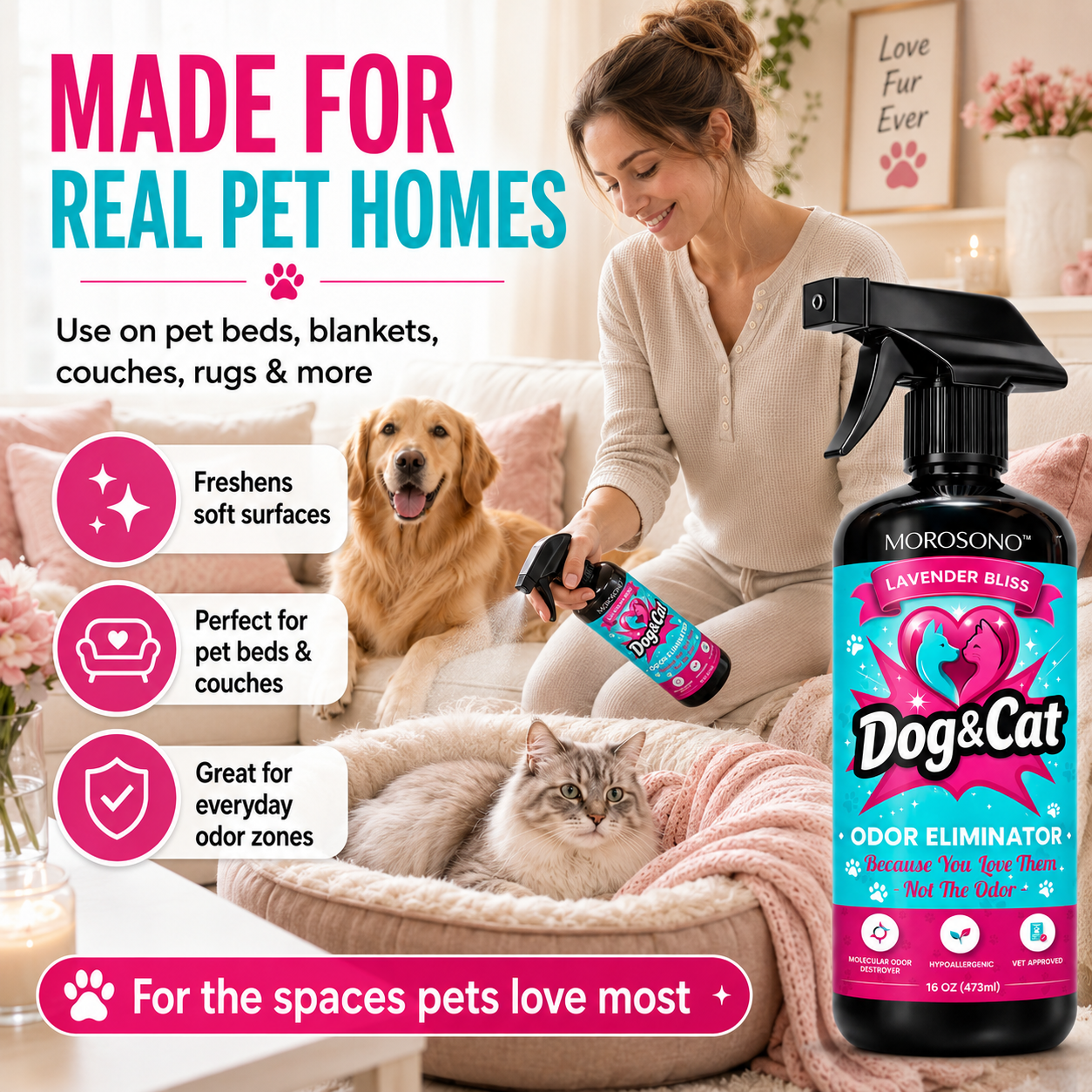 Pet Odor Eliminator Spray, Enzymatic Cleaner for Dog & Cat Urine, Carpet, Furniture & Litter Box, Lavender, 16 oz