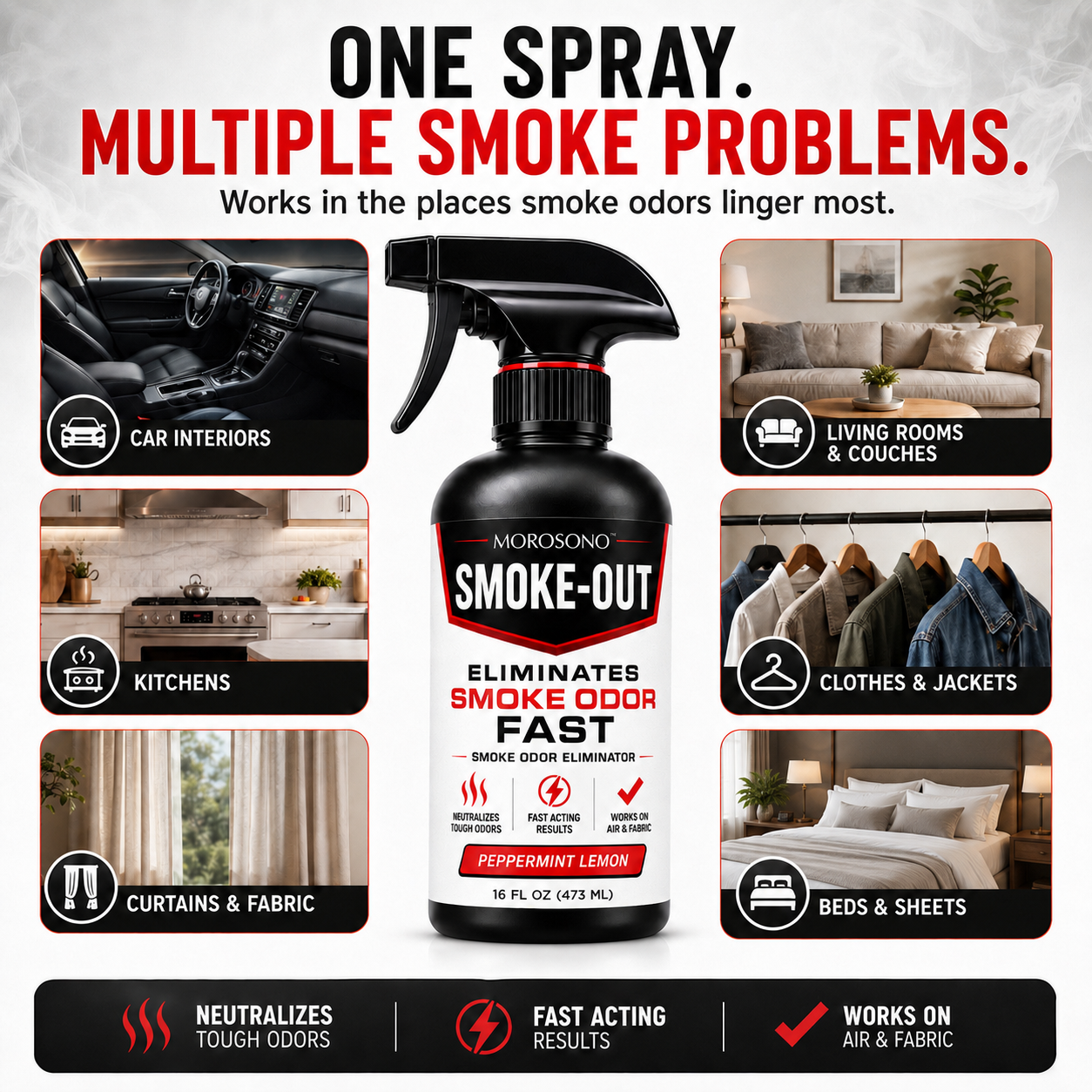 Smoke-Out Smoke Odor Eliminator Spray, 16 oz Peppermint Lemon Deodorizer for Car, Home, Clothes, Fabric, Cigarette, Cigar, Pet and Food Odors