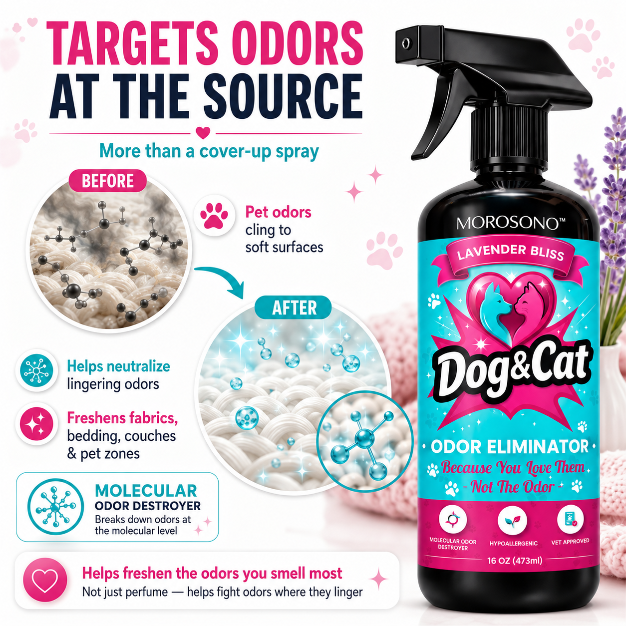 Pet Odor Eliminator Spray, Enzymatic Cleaner for Dog & Cat Urine, Carpet, Furniture & Litter Box, Lavender, 16 oz