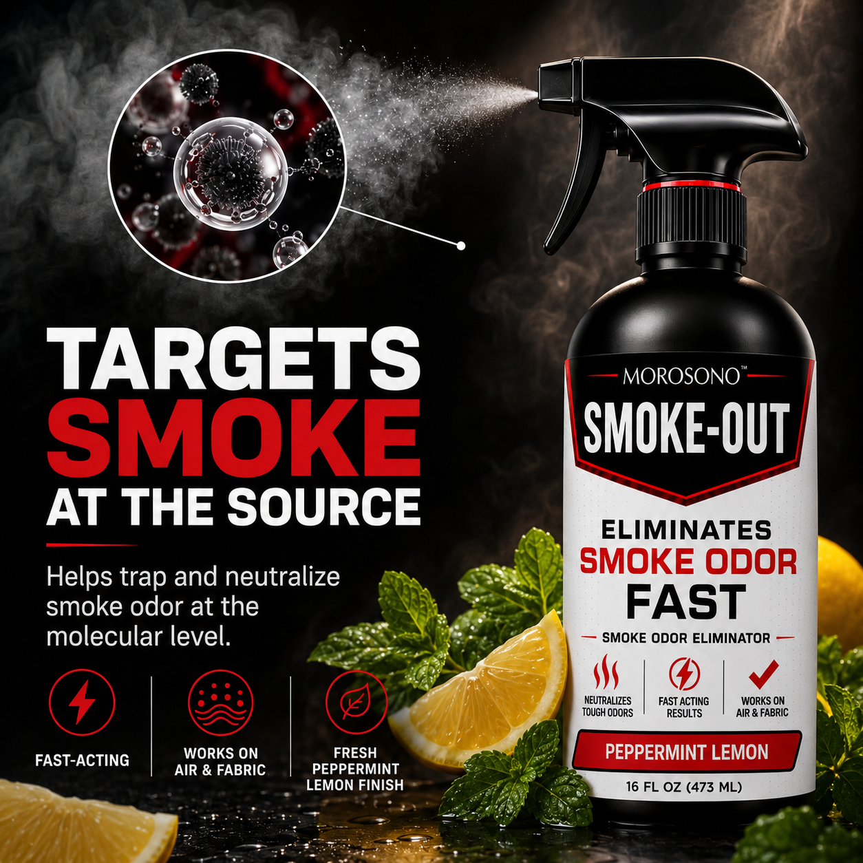 Smoke-Out Smoke Odor Eliminator Spray, 16 oz Peppermint Lemon Deodorizer for Car, Home, Clothes, Fabric, Cigarette, Cigar, Pet and Food Odors