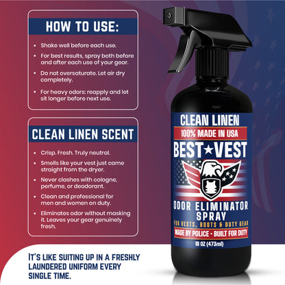 MOROSONO Best Vest Police Vest Odor Eliminator Spray, (Clean Linen) 16 oz