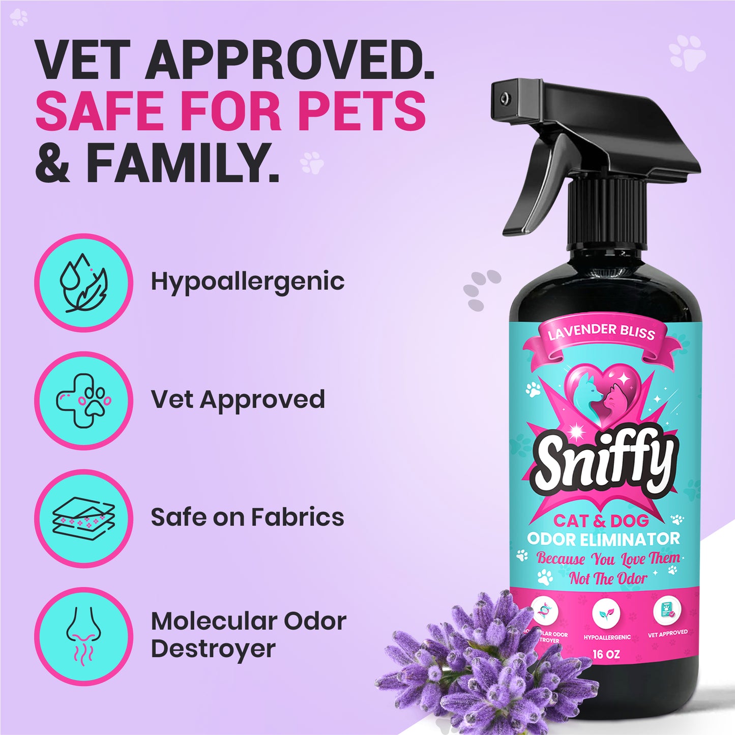 Sniffy Pet Odor Eliminator Spray (2×16oz) – Lavender Bliss | Cat & Dog Urine & Litter Box Smell
