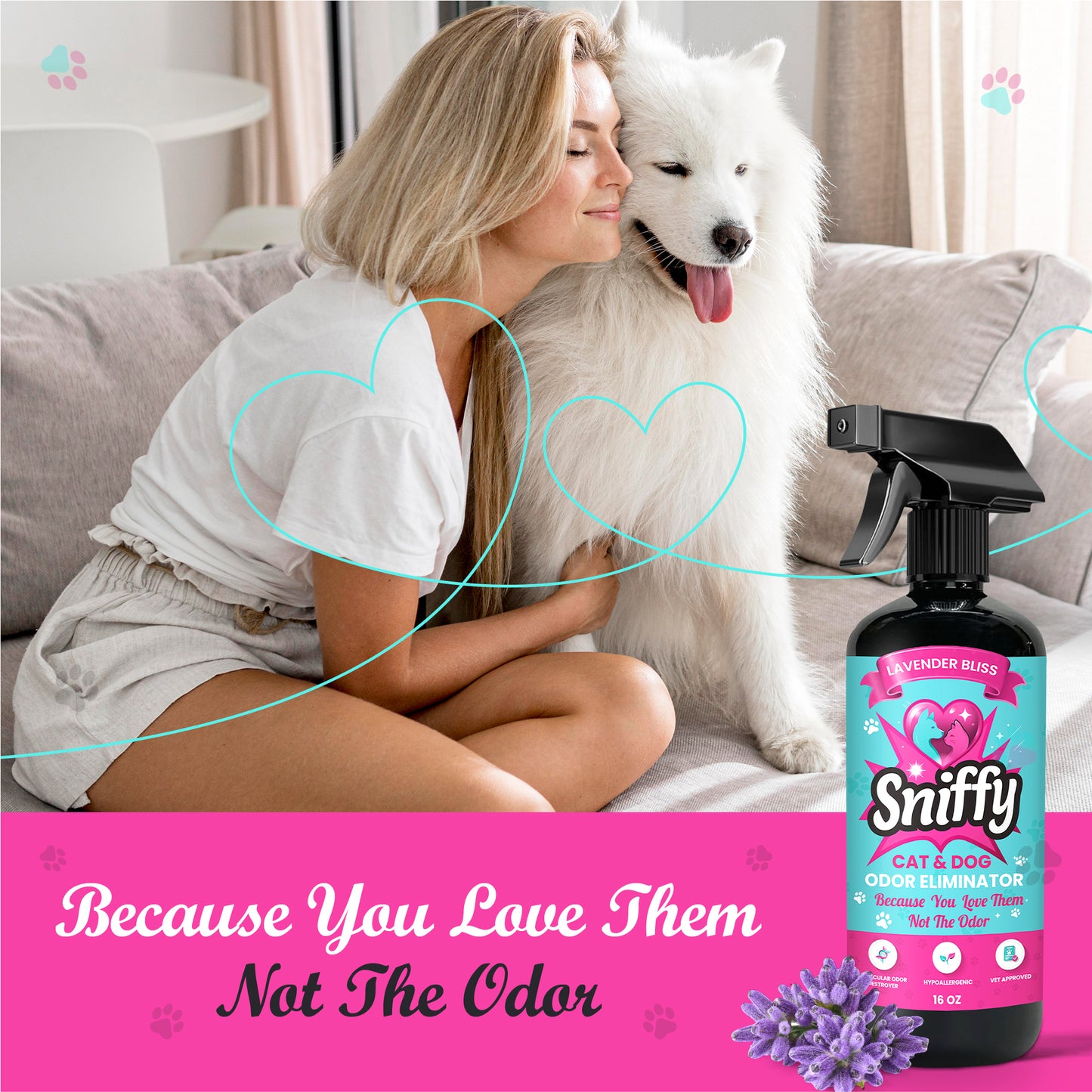 Sniffy Pet Odor Eliminator Spray (2×16oz) – Lavender Bliss | Cat & Dog Urine & Litter Box Smell