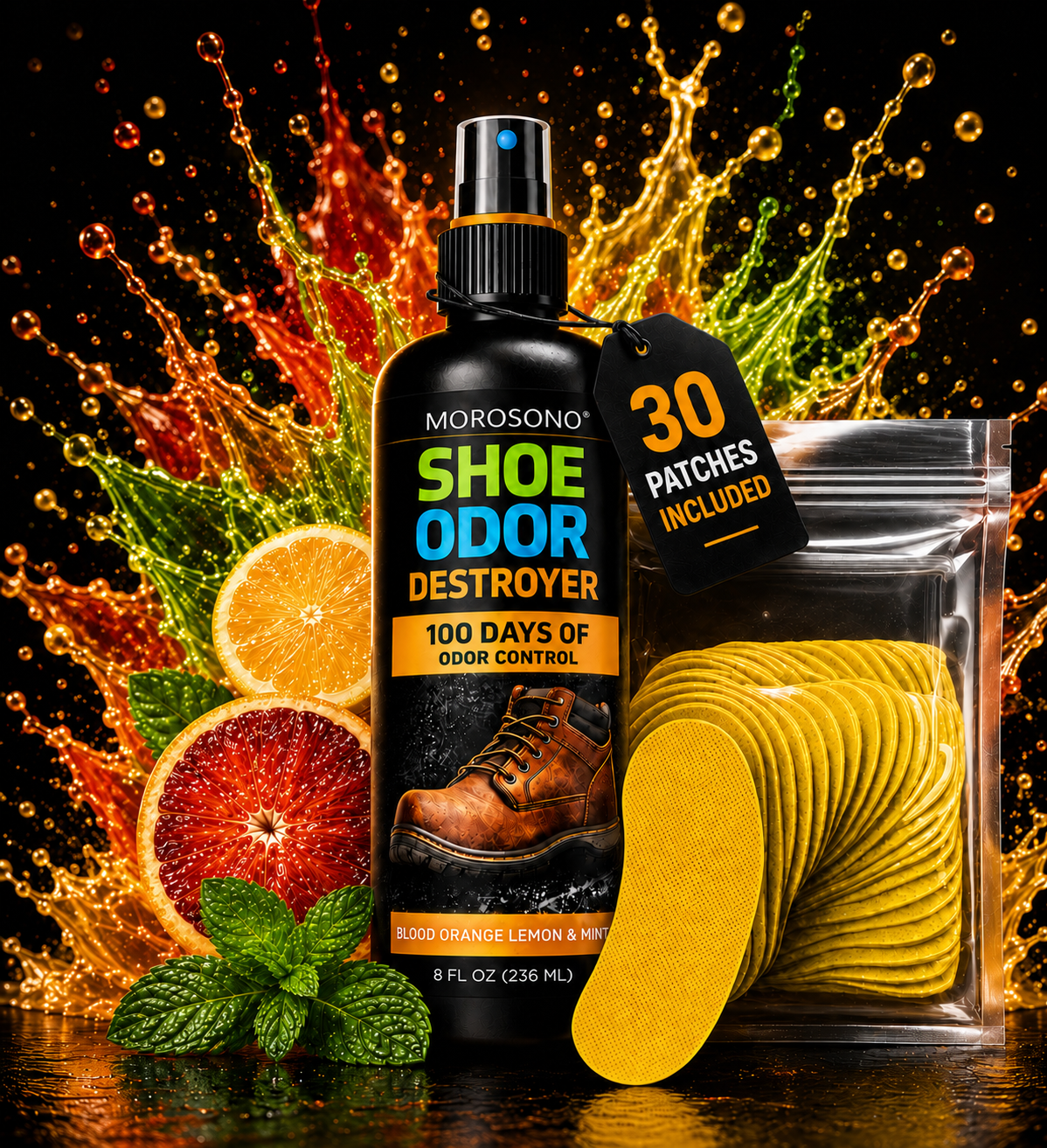 Shoe Odor Eliminator Kit, Deodorizer Spray (Blood Orange, Lemon & Mint)