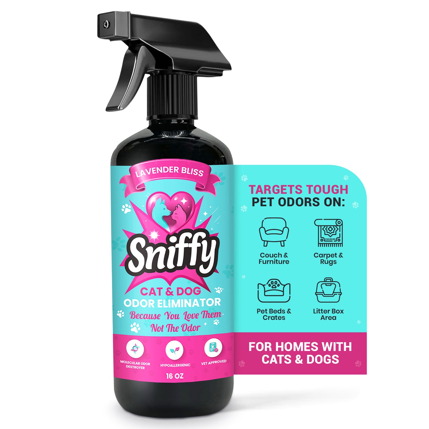 Sniffy Pet Odor Eliminator Spray (2×16oz) – Lavender Bliss | Cat & Dog Urine & Litter Box Smell