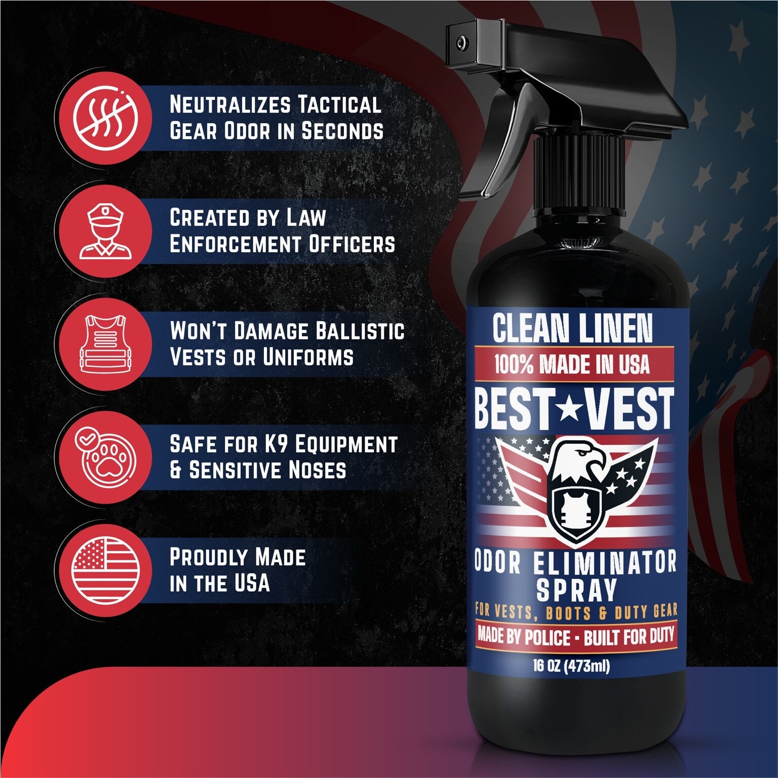 MOROSONO Best Vest Police Vest Odor Eliminator Spray, (Clean Linen) 16 oz - Best Vest benefits