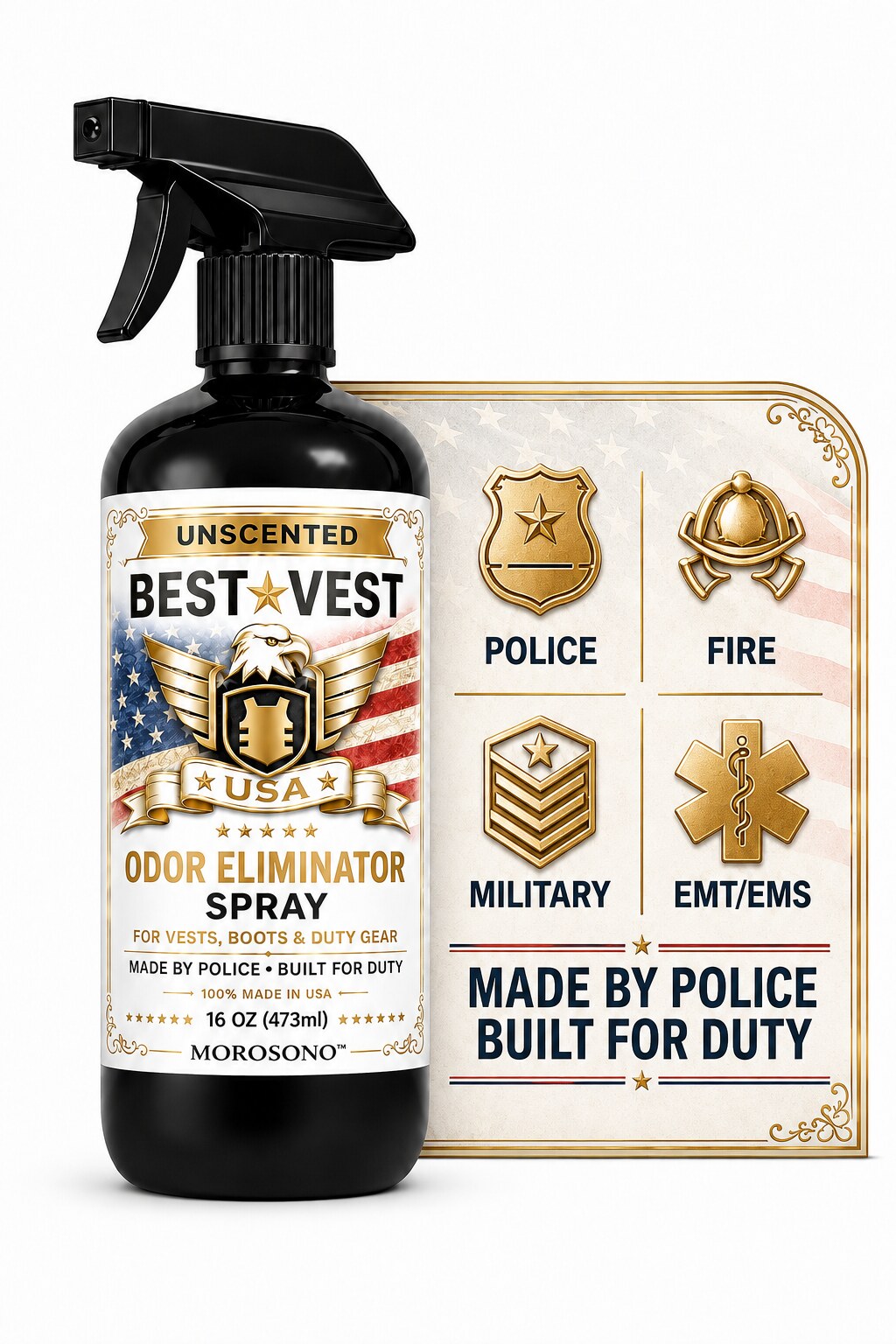MOROSONO Best Vest Police Vest Odor Eliminator Spray, (Clean Linen) 16 oz - Made by police, built for duty