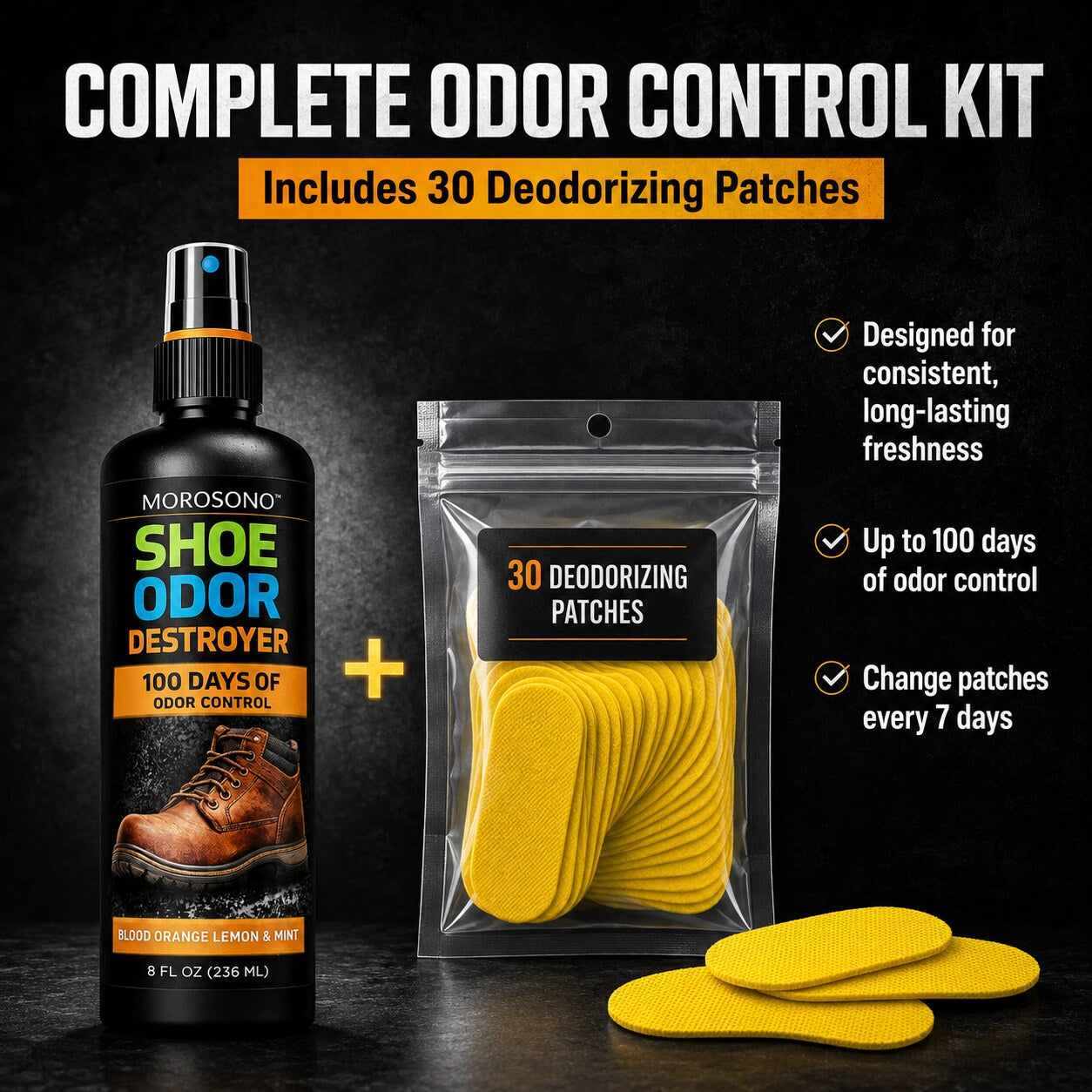 Shoe Odor Eliminator Kit, Deodorizer Spray (Blood Orange, Lemon & Mint) - Complete odor control kit