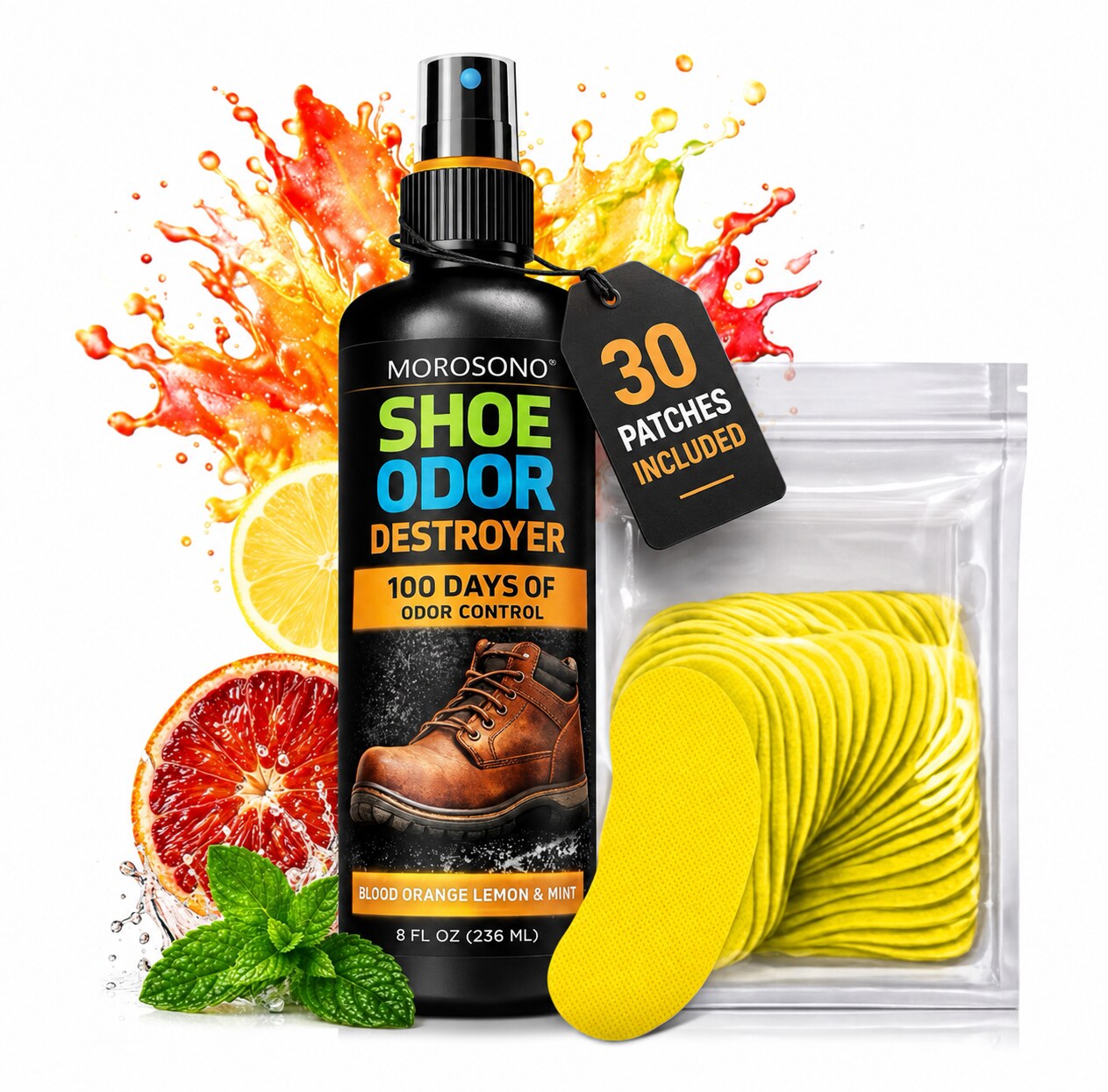 Shoe Odor Eliminator Kit, Deodorizer Spray (Blood Orange, Lemon & Mint) - Clean e-commerce product image