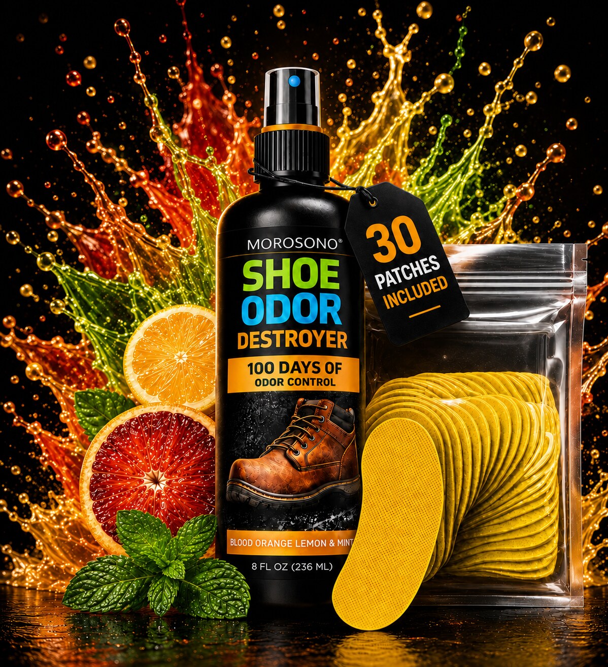 Shoe Odor Eliminator Kit, Deodorizer Spray (Blood Orange, Lemon & Mint) - Spray plus patches