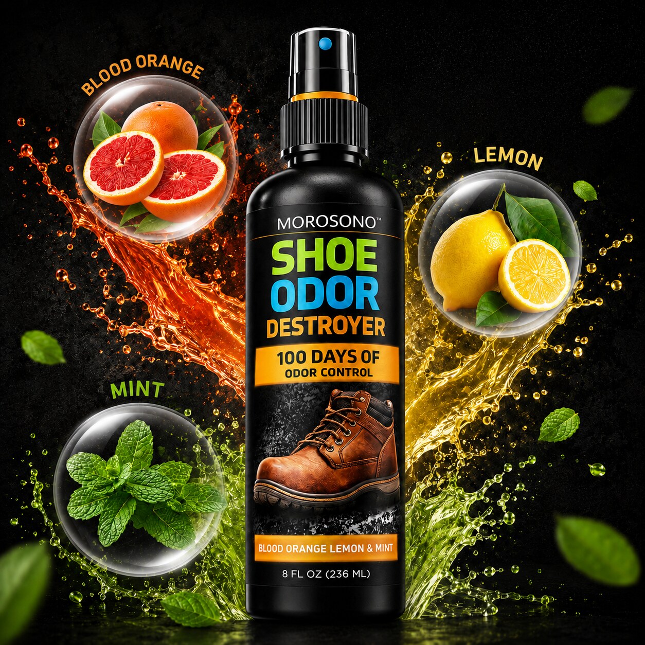 Shoe Odor Eliminator Kit, Deodorizer Spray (Blood Orange, Lemon & Mint) - Blood orange, lemon, and mint