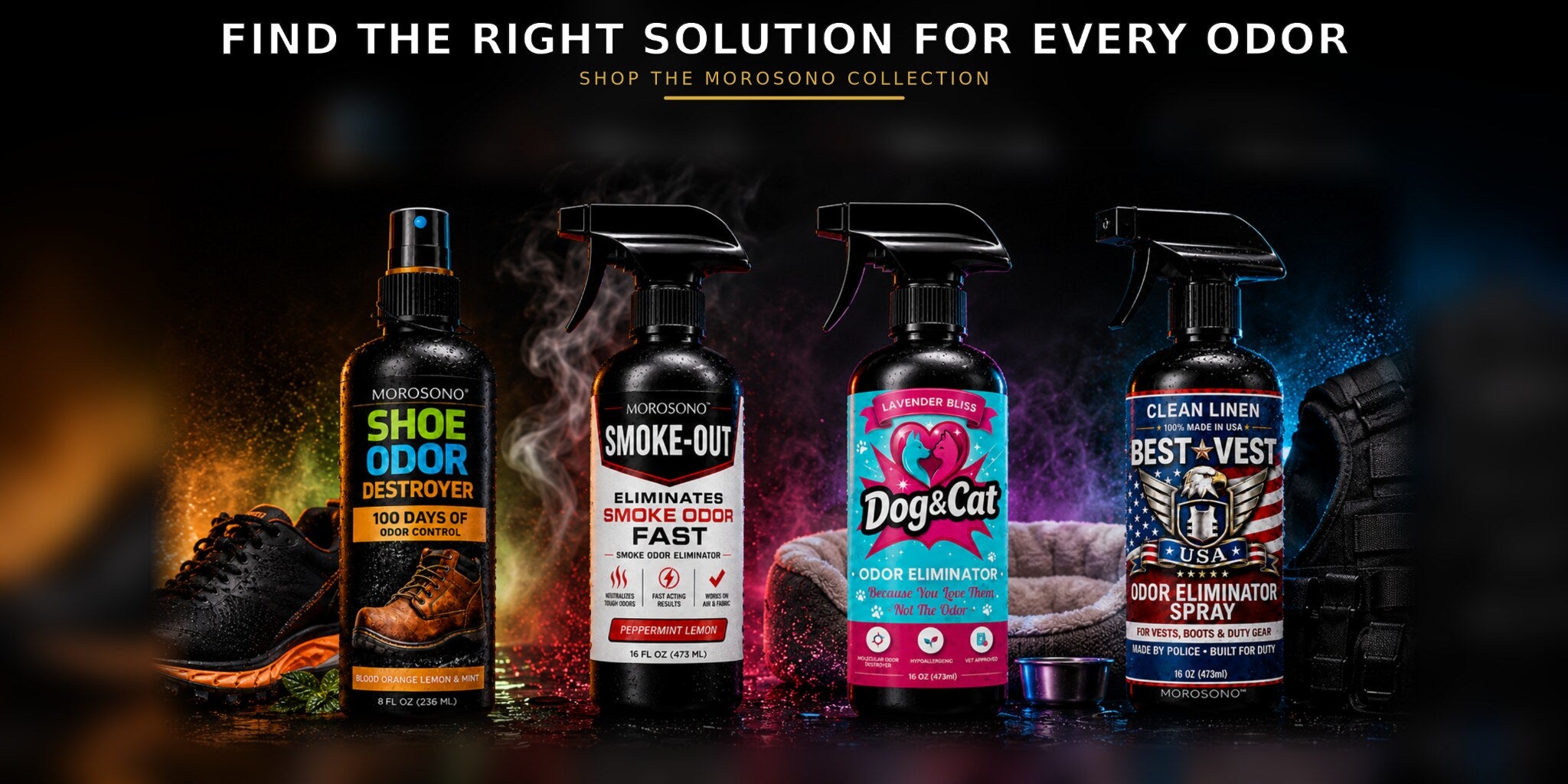 MOROSONO odor eliminator collection for shoe odor, smoke odor, pet odor, and tactical gear odor