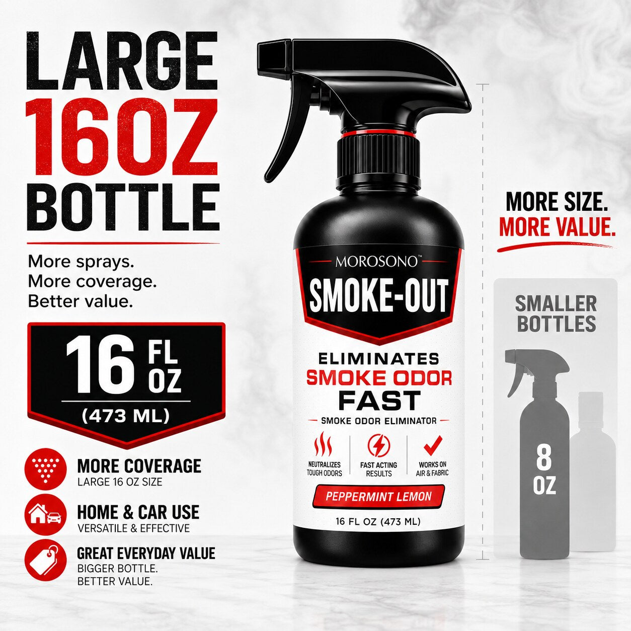 Smoke-Out Smoke Odor Eliminator Spray, 16 oz Peppermint Lemon Deodorizer for Car, Home, Clothes, Fabric, Cigarette, Cigar, Pet and Food Odors - Large 16 oz bottle value