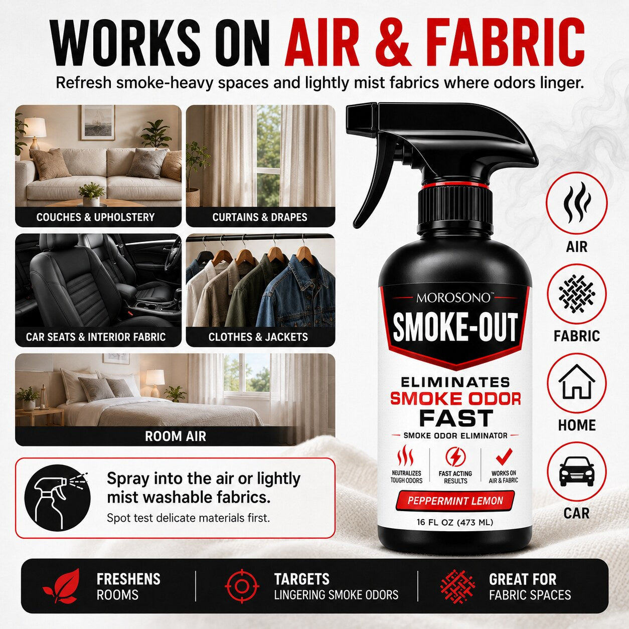 Smoke-Out Smoke Odor Eliminator Spray, 16 oz Peppermint Lemon Deodorizer for Car, Home, Clothes, Fabric, Cigarette, Cigar, Pet and Food Odors - Works on air and fabric