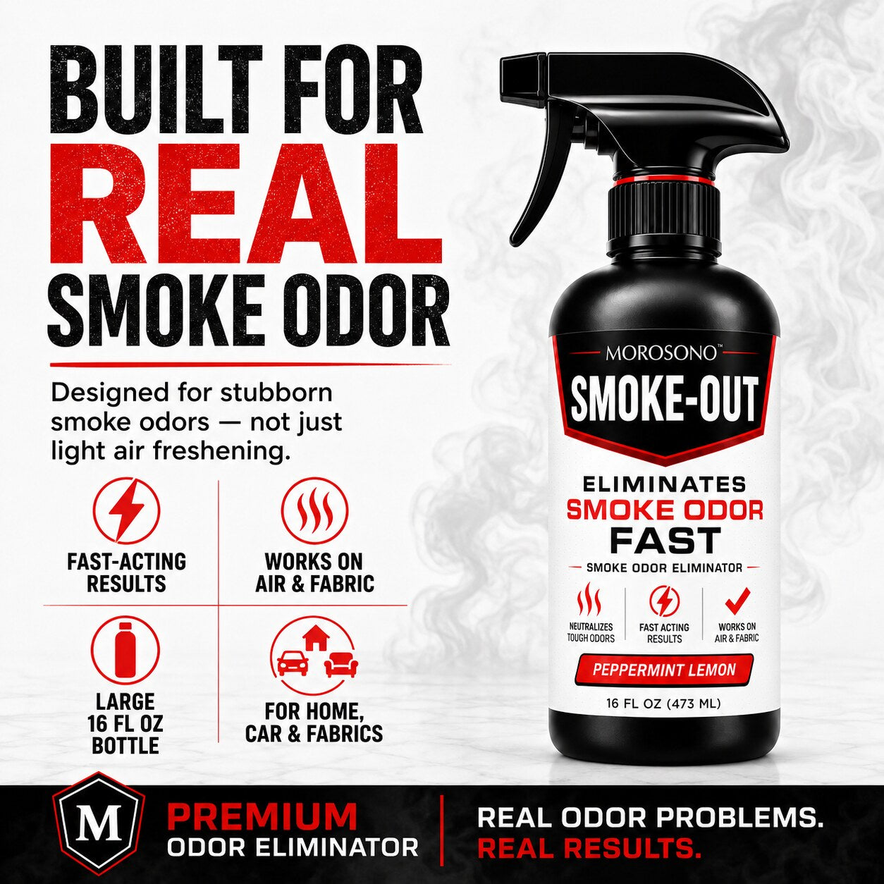 Smoke-Out Smoke Odor Eliminator Spray, 16 oz Peppermint Lemon Deodorizer for Car, Home, Clothes, Fabric, Cigarette, Cigar, Pet and Food Odors - Built for real smoke odor