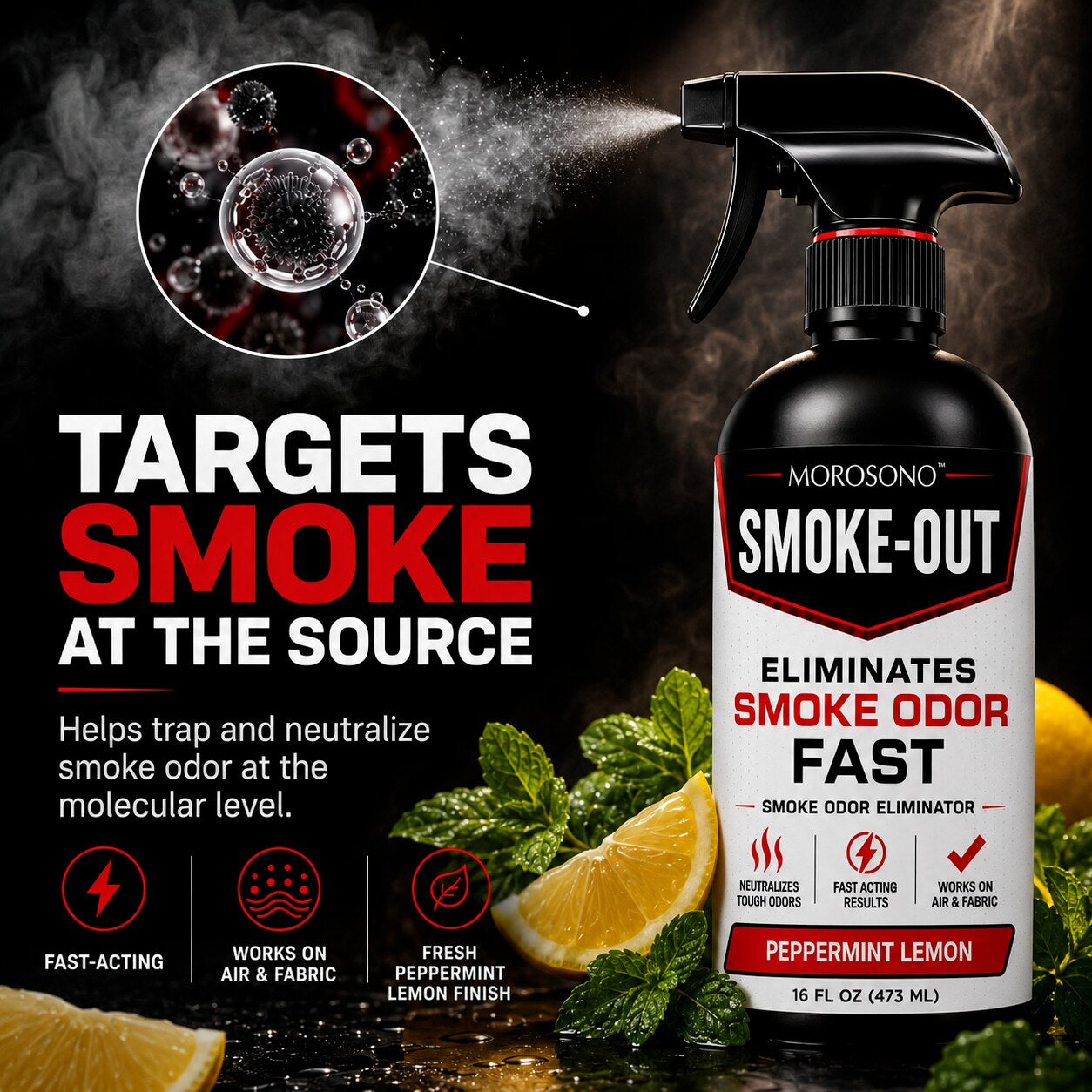 Smoke-Out Smoke Odor Eliminator Spray, 16 oz Peppermint Lemon Deodorizer for Car, Home, Clothes, Fabric, Cigarette, Cigar, Pet and Food Odors - Targets smoke at the source